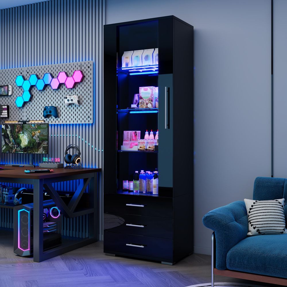 Merax Hochglanz Vitrine 60x35x180cm aus MDF, LED Glasvitrine mit 3 Schubladen, Schrank mit Acrylglastür, Standvitrine Schwarz