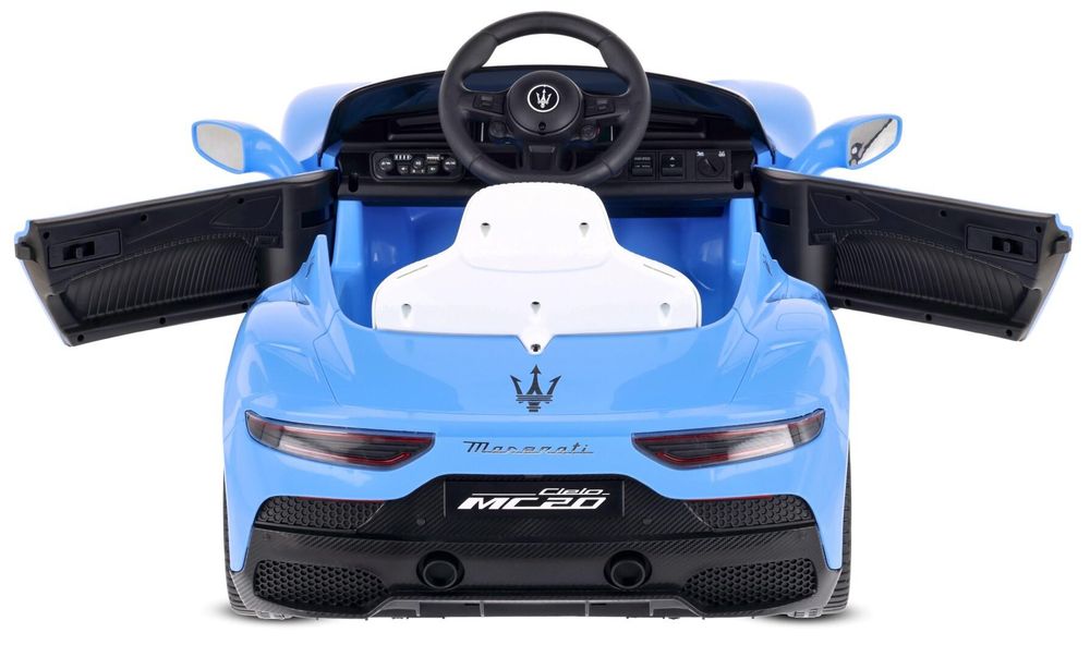 Coche eléctrico azul con ambas puertas abiertas y asiento blanco.