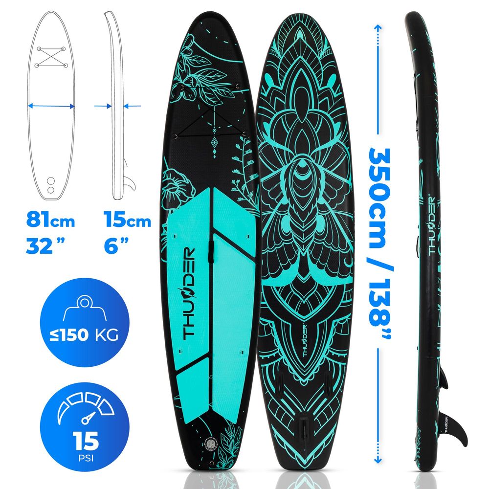 THUNDER Moth-Mint Stand Up Paddle Board 350x81x15cm Schwarz Türkis bis 150 kg