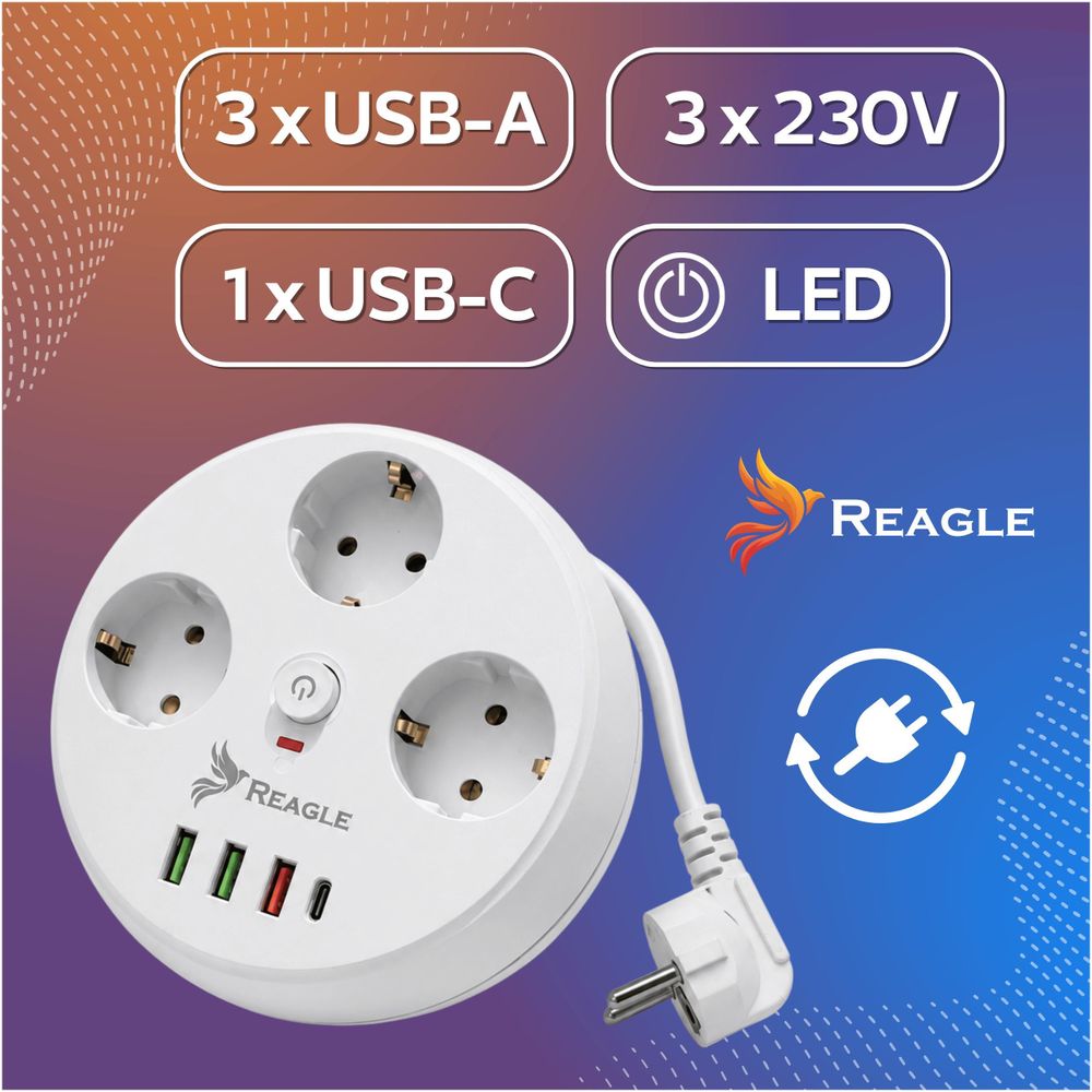 Reagle Runde Steckdosenleiste aufrollbar 2m, Mehrfachsteckdose mit 3x Steckdosen & 4x USB (3x USB-A, 1x USB-C), Verlängerungskabel 2500W
