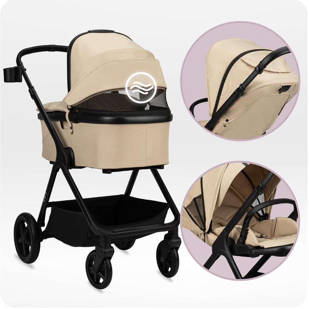 MoMi GISELLE – 2-in-1 Kombikinderwagen mit umkehrbarem Sitz, verstellbar, inkl. Zubehör, XL-Dach & Wickeltasche – Beige