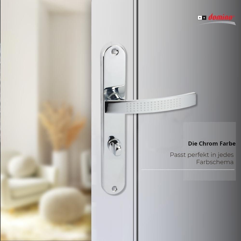 Domino Türdrücker-Garnitur TOPAZ Langschild – Bad/WC Verriegelung – Chrom Glänzend – Moderne Türklinke für Badezimmertüren