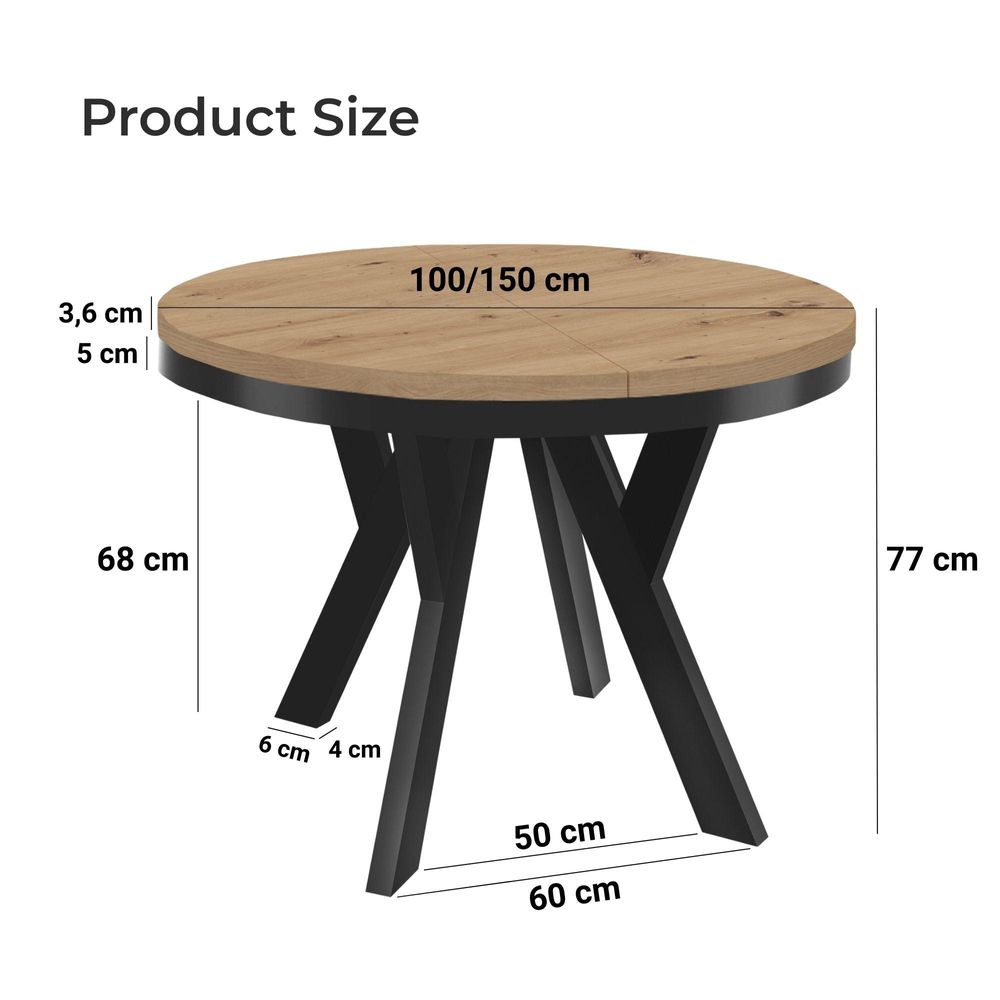 Runder Ausziehbarer Tisch für Esszimmer, PERO mit einem Ring-Gestell, Loft-Stil, Skandinavische, Durchmesser: 100 / 150 cm, Farbe: Weiß / Schwarz
