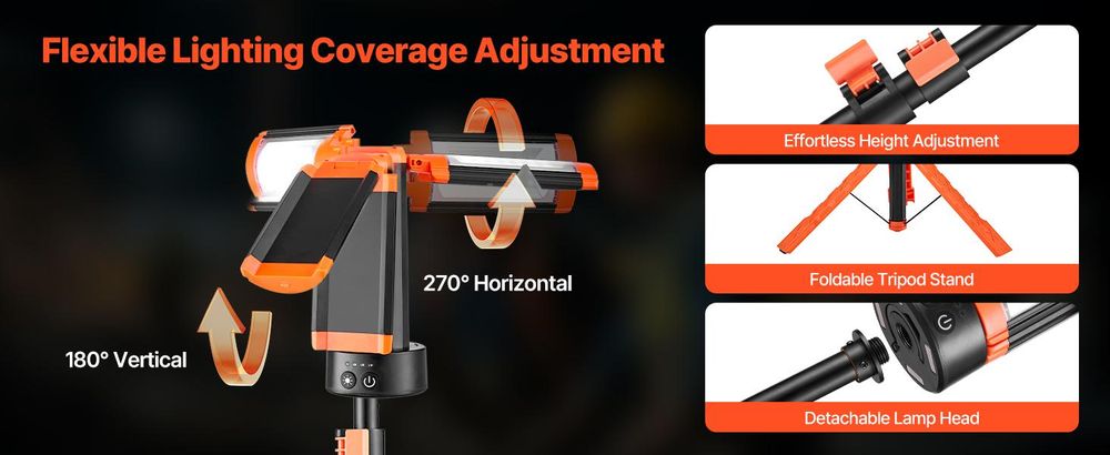 VEVOR LED-Arbeitslicht mit Stativ, 21000 Lumen, tragbares Campinglicht mit drei Köpfen und individuellem Schalter, Stativ, 3,3 m Stromkabel, für Innen- und Außeneinsatz auf Baustellen, IP65 wasserdicht, 2200 lm, 8Ah