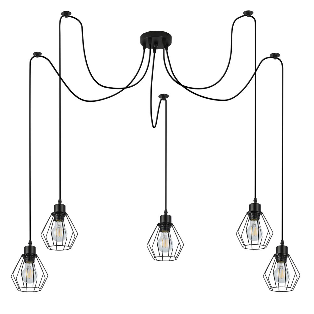 Schwarze Spinnenlampe mit fünf Käfigschirmen auf weißem Hintergrund.