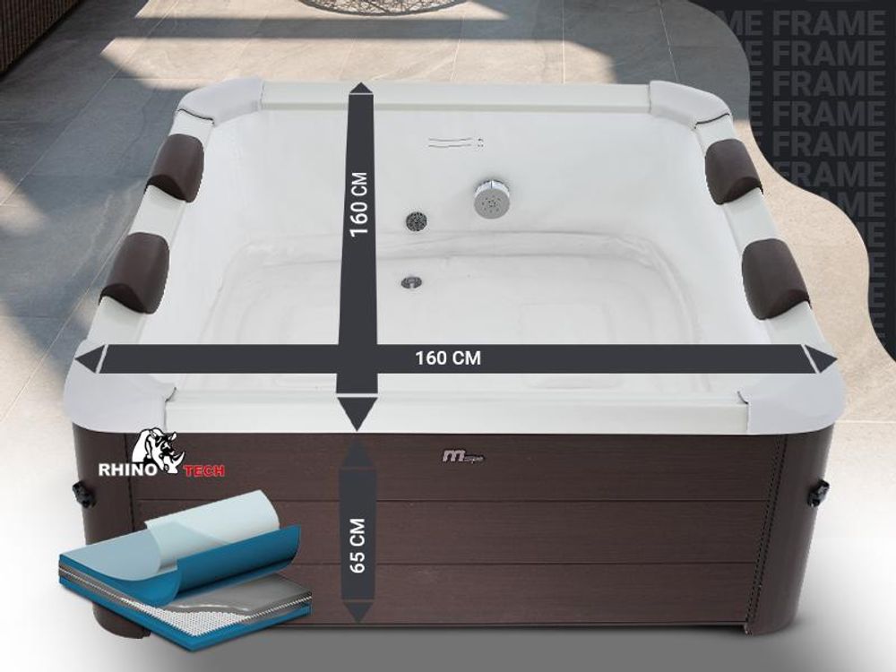 Miweba MSpa Outdoor Whirlpool Frame Tribeca | 6 Personen - App Steuerung - Holzoptik - Feste Außenwand - Jacuzzi - UVC+ - Winterfest - 160x160x65cm