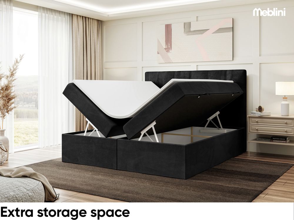 MEBLINI Boxspringbett mit Bettkasten - Gepolstert Doppelbett mit Matratze und Topper - Polsterbett mit Stauraum - Bett mit Kopfteil - Kai - 180x200 - H4/Schwarz Samt