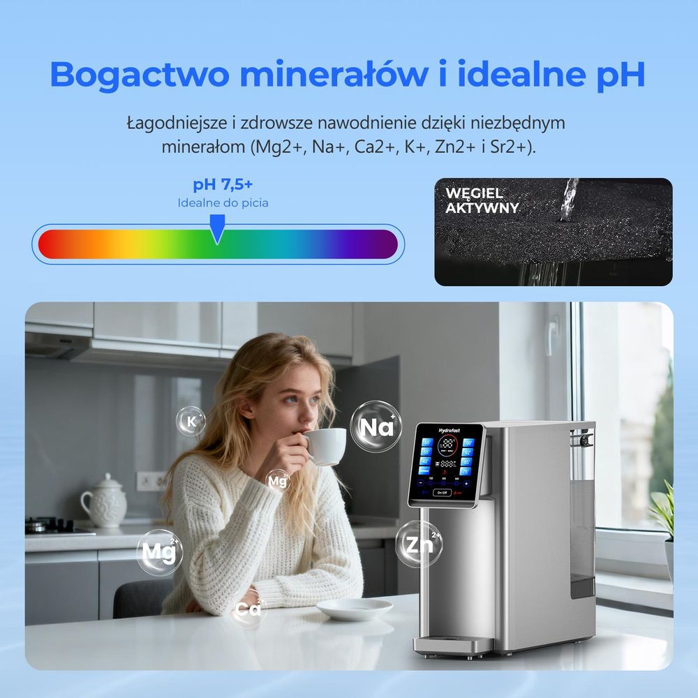 Biurkowy filtr wody Hydrofast W100 z odwróconą osmozą, filtracją UV, 6 stopniami filtracji i 8 ustawieniem temperatury