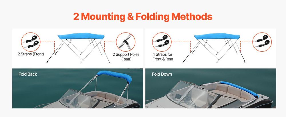 VEVOR 4 Bogen Boot Bimini Tops, 600D Polyester Dach mit Aluminiumlegierungsrahmen, wasserdichtes & Sonnenschutz Bootsunterschlupfdach mit Tragetasche, 2 Stützstangen, 4 Riemen, 96"Lx(73"-78")Wx54"H, Pazifisch Blau, 96x(85-90)x54 Zoll, Pazifisches Blau-c