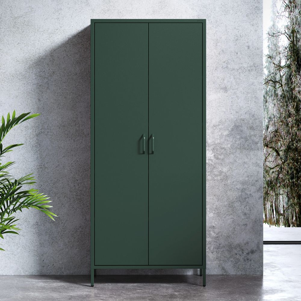 Jan Nowak Kleiderschrank 2 Türig, Metallschrank Glitzernd - Flavio | Ablagen, Kleiderstange, Magnetverschluss | 80 x 185 x 45 cm | Flaschengrün