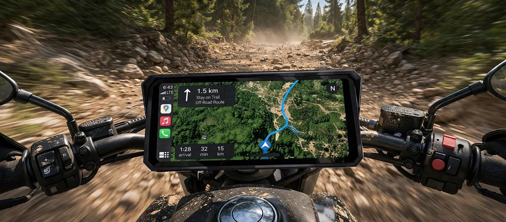 Moto navigace zobrazující GPS trasu na silnici v horském prostředí