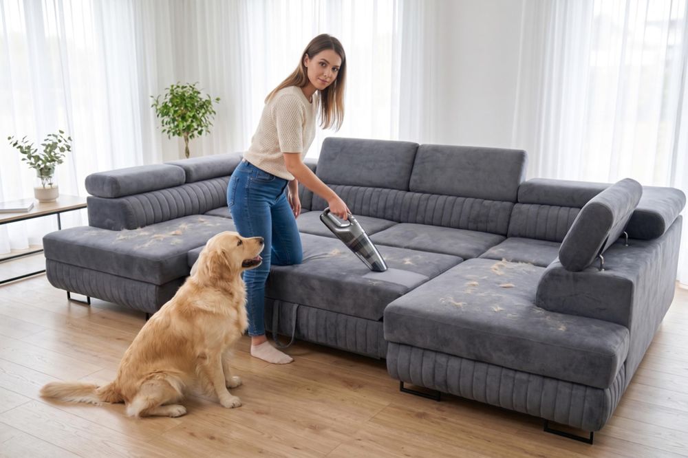 Frau saugt Tierhaare vom Ecksofa. Golden Retriever sitzt daneben auf dem Boden und schaut zu.