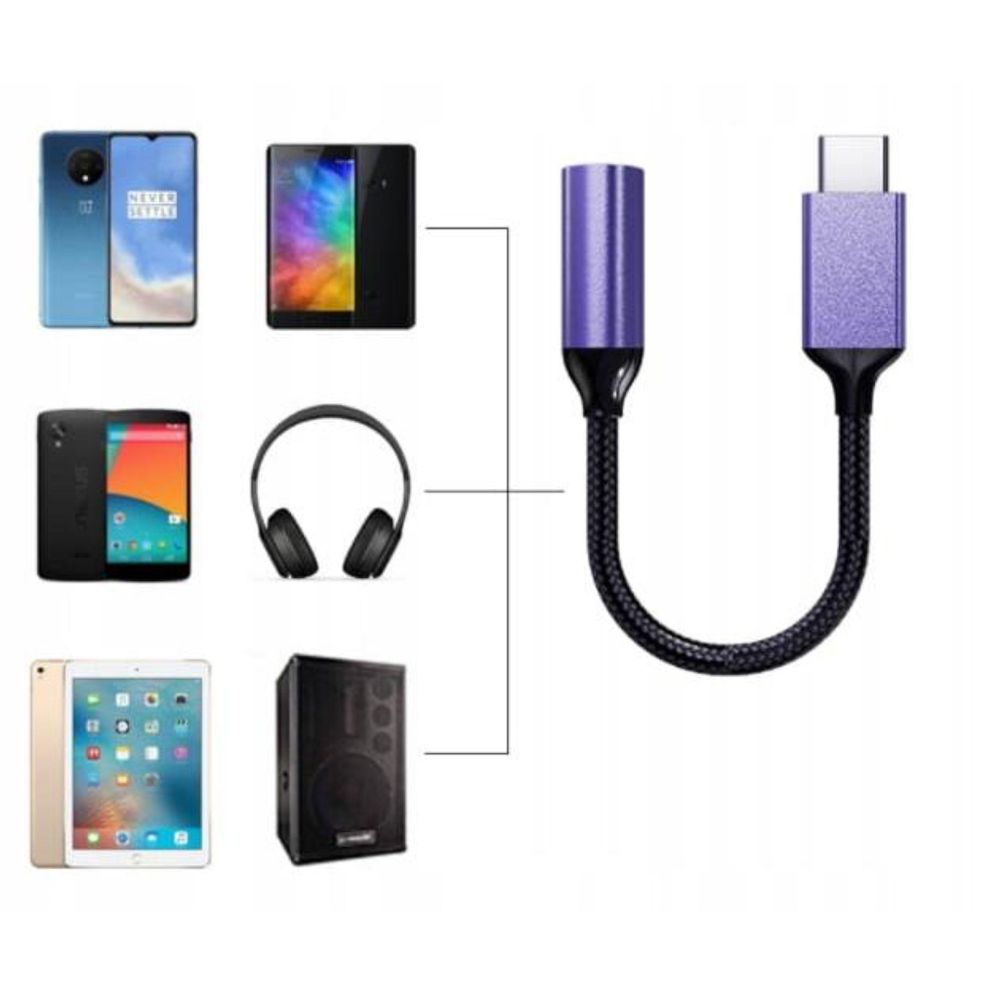 Cavo - Da USB-C a jack da 3,5 mm - Adattatore audio AUX DAC - mini jack - Nylon - 7 cm - Nero - Plug and Play
