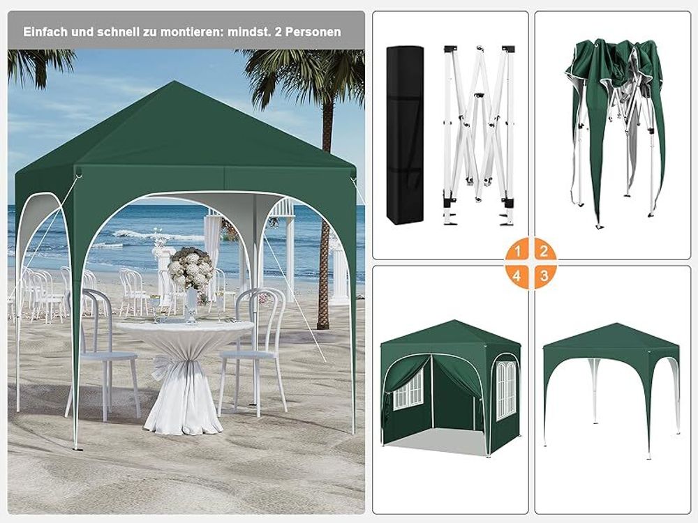 WOLTU Pavillon, Faltpavillon 2x2 m, mit 4 Seitenwänden, Partyzelt höhenverstellbar, Grün