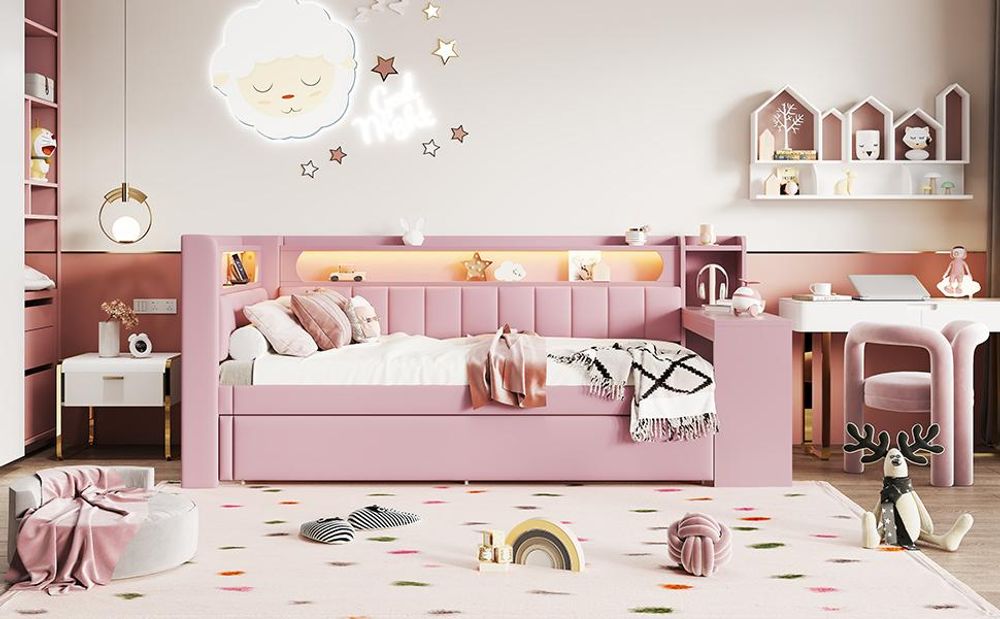 Merax Tagesbett 90x200 mit Ausziehbett 90×190, USB-Anschluss, LED, Schreibtisch, Stauraum, Schlafsofa Kinderbett mit Leinenkissen, Rosa
