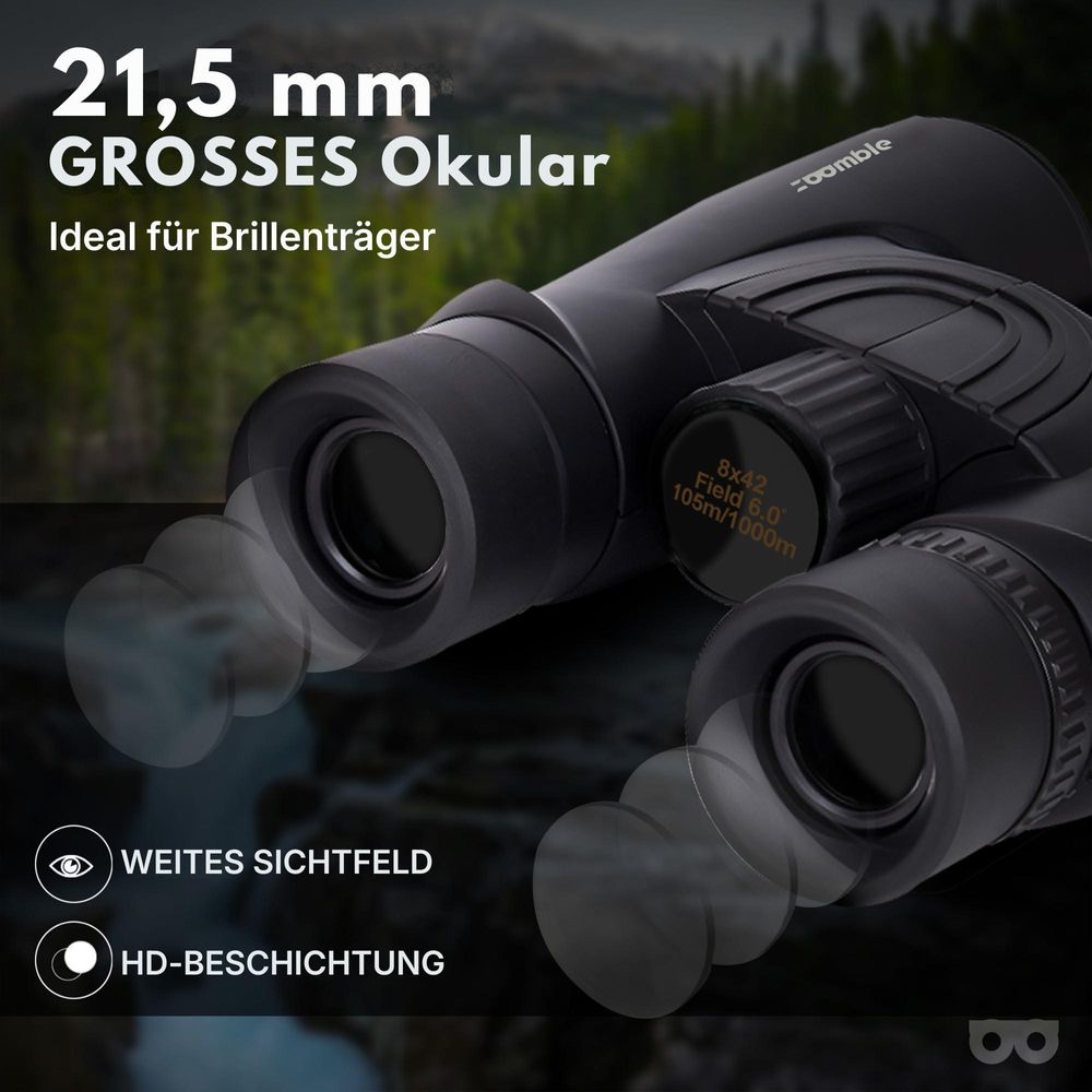 Zoomble® Fernglas PRO 8x42 mit Tragetasche – BaK-4 HD-Optik – FMC-Vergütung – inkl. E-Book – Wasserdicht & Staubdicht – Für Vogelbeobachter, Outdoor & Wandern