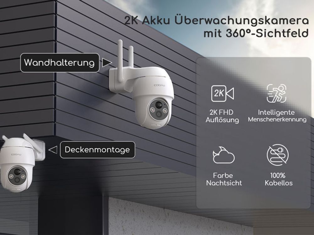 COOAU 2MP PTZ 2,4GHz WLAN IP-Überwachungskamera Aussen mit PIR-Sensor,Alarm und App -Benachrichtigung, Vollfarb-Nachtsicht, Ereignisprotokollierung