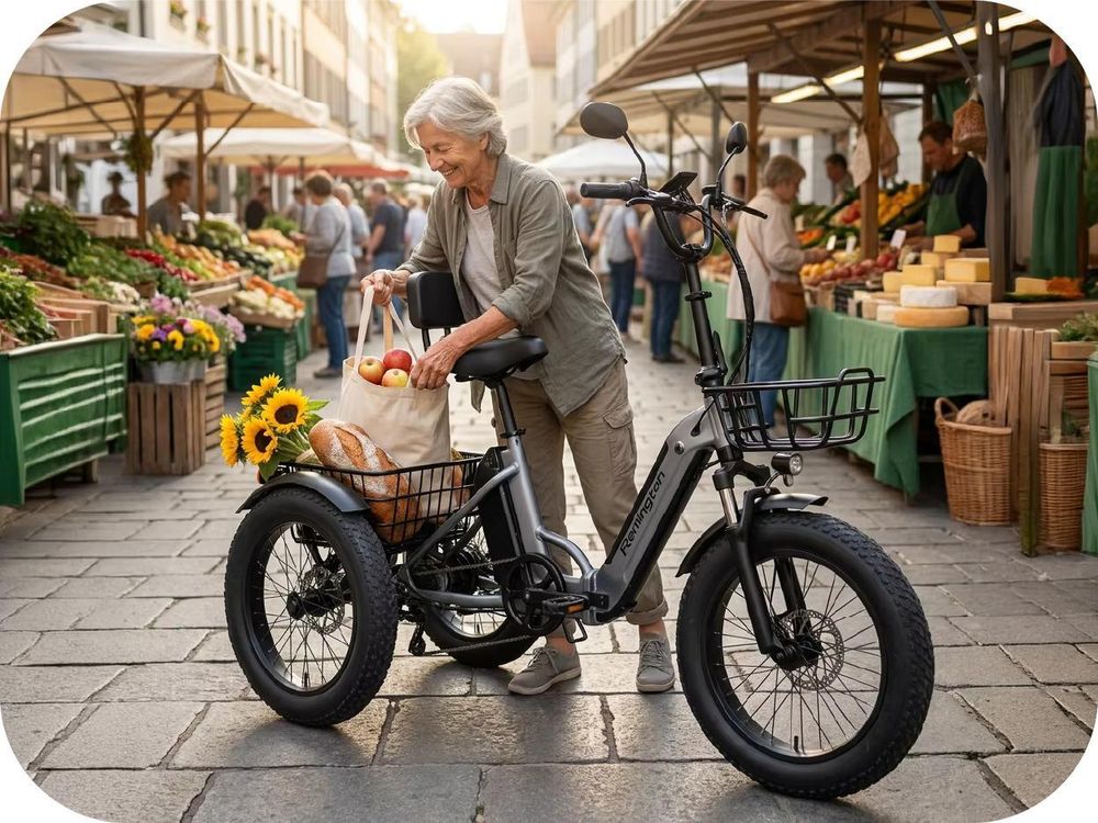 Eine Frau belädt den Heckkorb des R100 Elektrodreirads mit Einkäufen vom Wochenmarkt.
