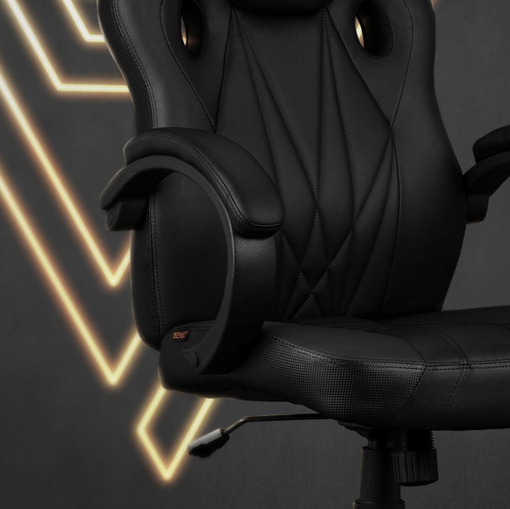 SENSE7 Prism Gaming Krzesło ze sztucznej skóry, czarne – ergonomiczne krzesło biurowe, krzesło do komputera, krzesło dla graczy, funkcja bujania, krzesło dla graczy, 120 kg
