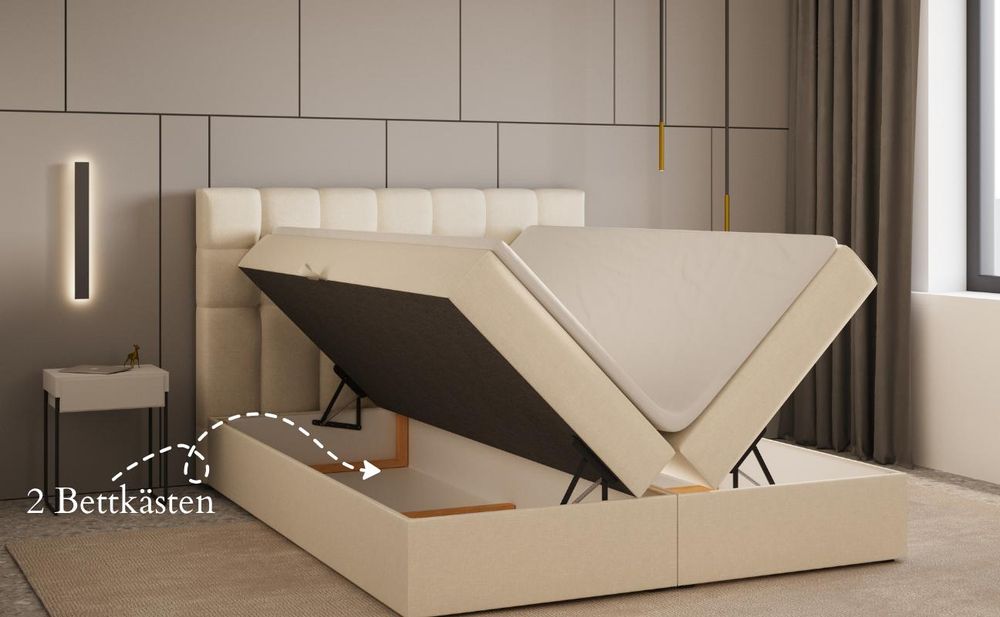 Kontinentalbett, Boxspringbett, Bett mit bettkasten, Bonell-Matratze und Topper, Doppelbett - Boxspringbett 05 - 140x200 - Schwarz - Hugo 100