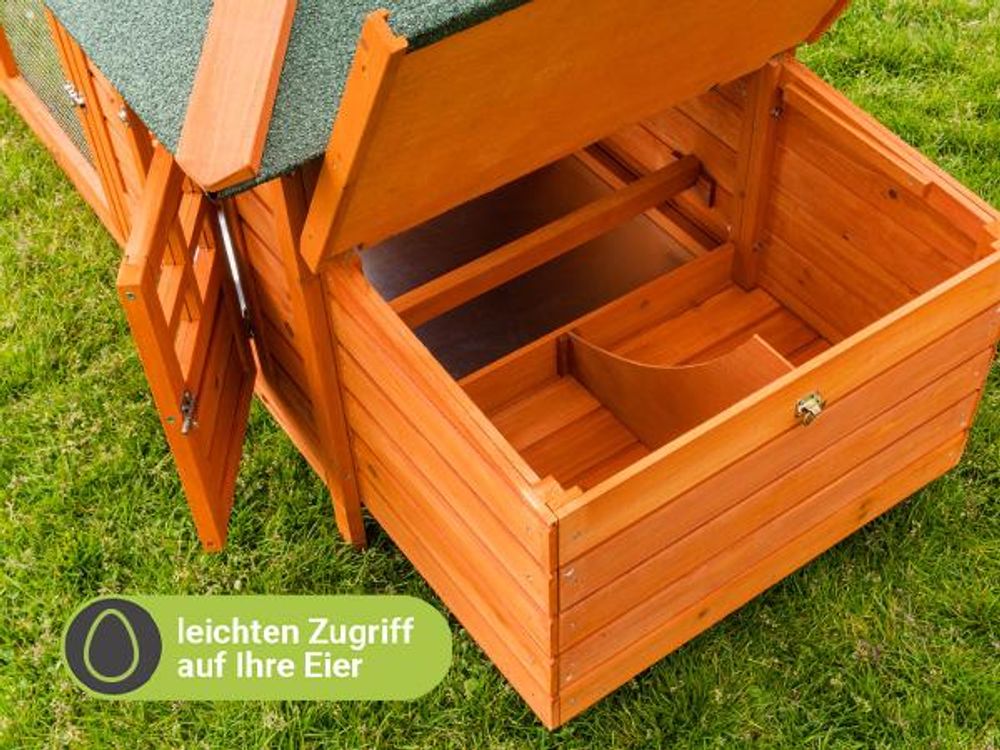 MyAnimal Hühnerstall MH-19 | Für 3-4 Hühner - Hühnerhaus - 2 Sitzstangen - Nistkasten - Eiablage - Freilaufgehege - Wetterfestes Dach (Braun)