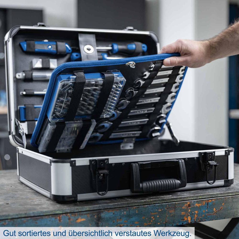 Das Bild zeigt einen aufgeklappten Werkzeugkoffer von Scheppach (TB225)