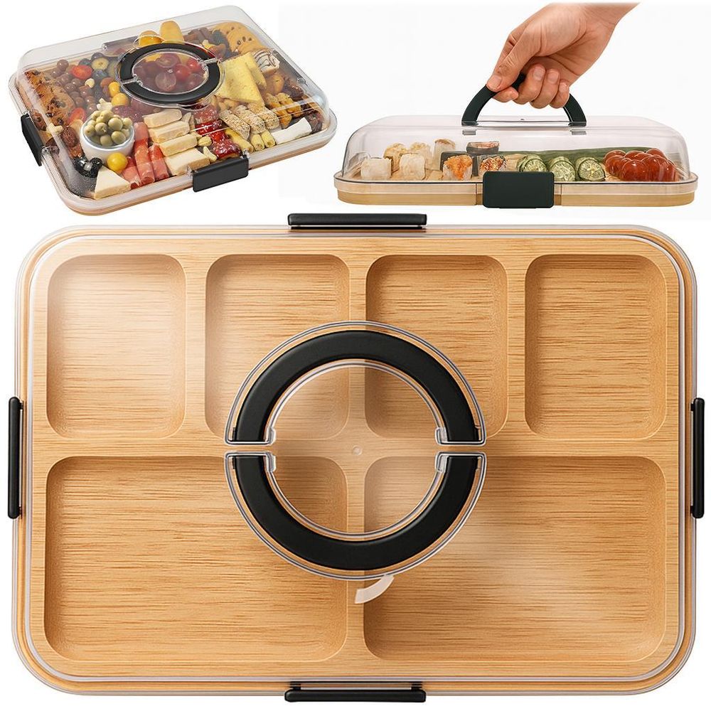 WELLHAUS Bambus Käsebrett mit Abdeckung – Tragbares Servierbrett für Snacks & Tapas, Schneidebrett mit Deckel für Küche & Picknick, 37 x 29 x 6,5 cm