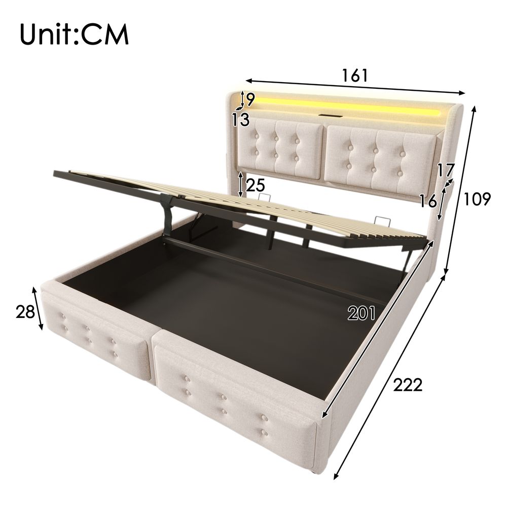 Flieks Polsterbett 160x200cm mit Ladefunktion, Doppelbett Jugendbett mit LED, Hydraulisches Stauraumbett Boxspringbett mit Lattenrost, Baumwolle Beige