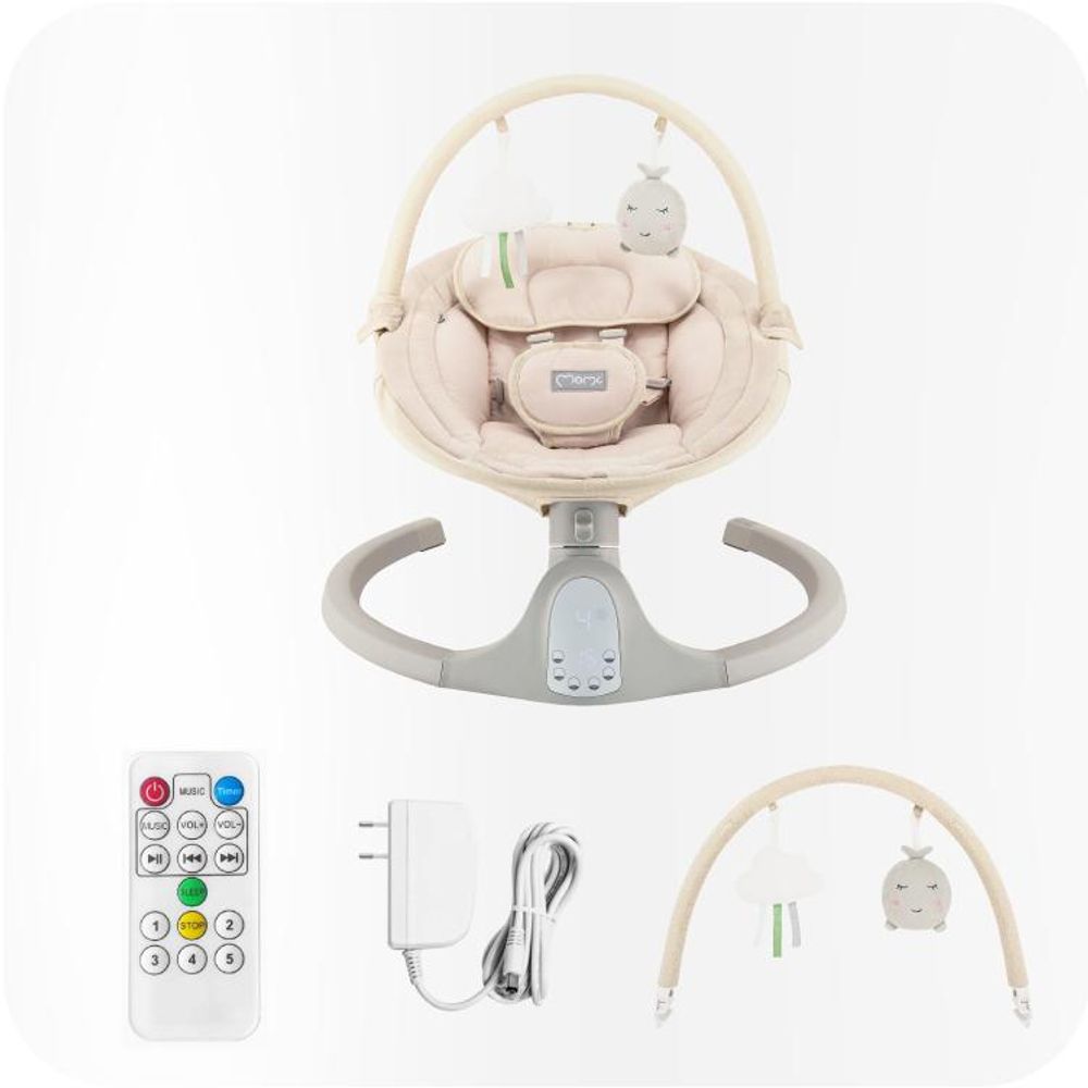 MoMi KENANI SAND – Elektrische Babywippe mit Bluetooth, Fernbedienung, LED-Display & 5 Stufen, inkl. Spielzeug – Beige