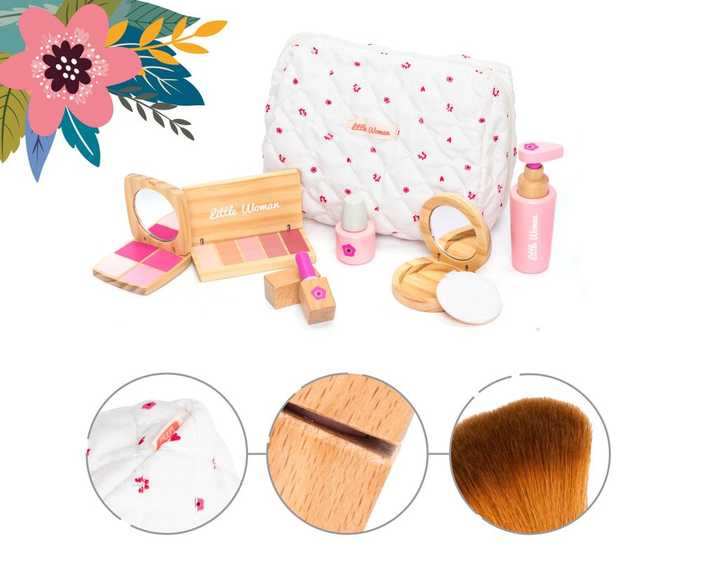 Materialdetails des UMU Holz-Kosmetiksets mit Stofftasche, Spiegeln und weichen Pinseln