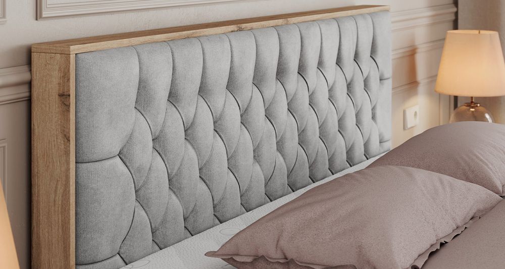 Vergrößern Sie das Kopfteil des Boxspringbettes, das Foto zeigt grau Stoff