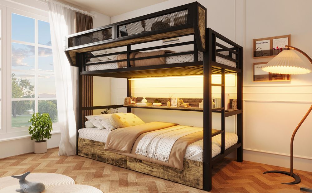Merax Etagenbett Hochbett 90x200 cm, Metallbett mit LED Beleuchtung, 2 Schubladen, Ablagebord, Aufbewahrungskorb, Stauraum Bett, Kinderbett, Schwarz
