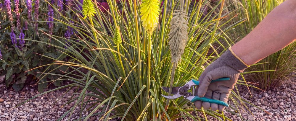 Verblühter Stiel wird mit der Gartenschere abgeschnitten