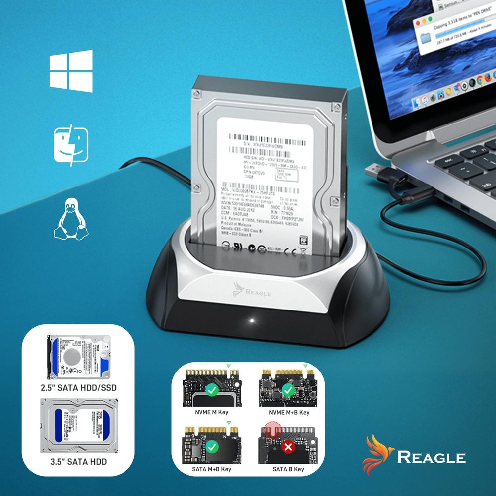 Dockingstation für Festplatten HDD SSD SATA und M.2 NVMe SSD Reader USB 3.2 5Gbps Reagle mit Lüfter für Datenübertragung Windows macOS Linux
