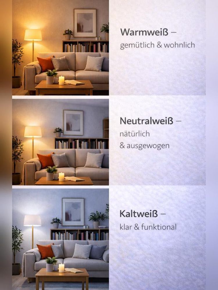 Auf dem Bild sieht man den gleichen Raum nur mit einer anderen Lichtfarbe beleuchtet, als Vergleich.