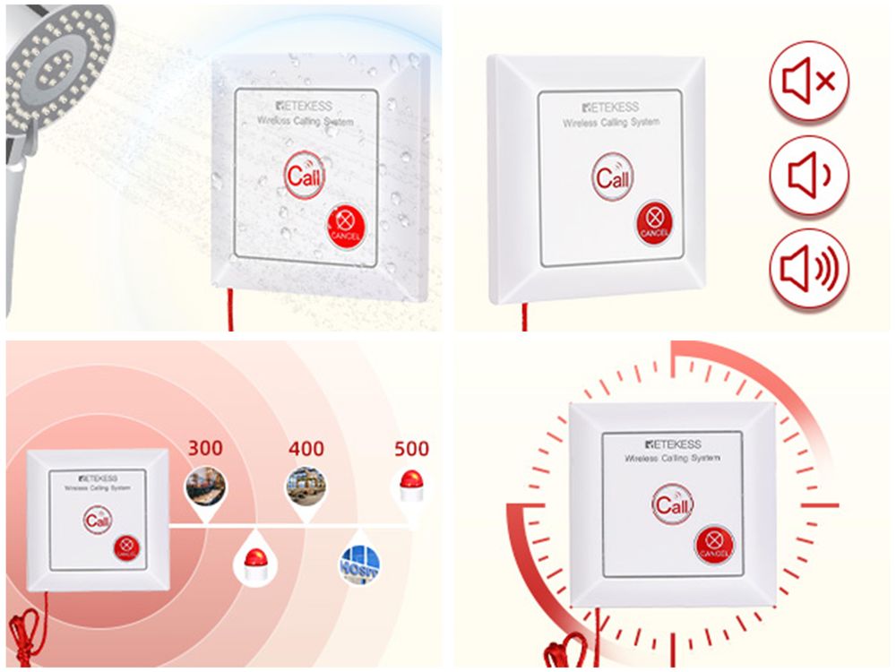Retekess TH103 Alarmsystem Hausnotruf, Ton- und Lichtrufsystem, Wasserdichte IP54-Ruftaste mit SOS-Kabel, für ältere Menschen,Notrufknopf für Senioren