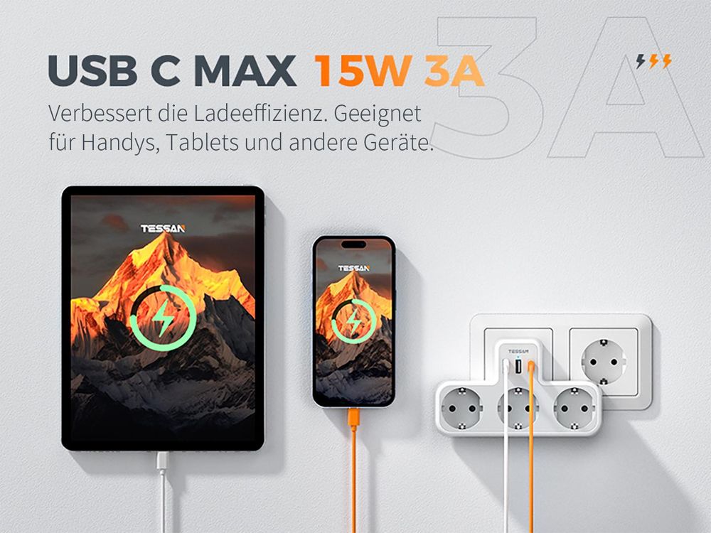 TESSAN Mehrfachstecker mit USB für Steckdose 3 Fach Steckdosenadapter mit 2 USB A und 1 USB C 3600W Mehrfachsteckdose Ladegerät Grau