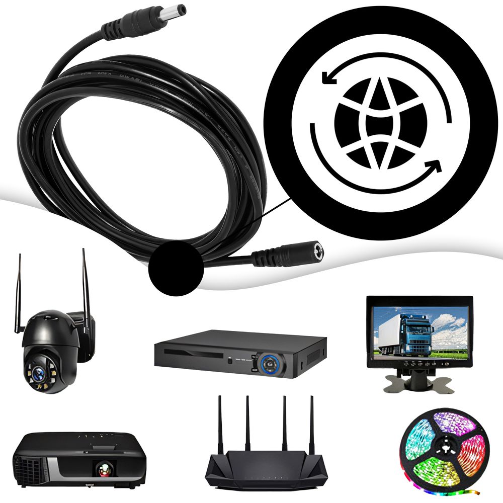 Verlängerungskabel, DC Stecker, 5,5 x 2,1mm, 12V 2A, Starkstromkabel, Gummi-Kabel, Witterungsbeständig, für Innen- und Außenbereich, 5m Schwarz Retoo