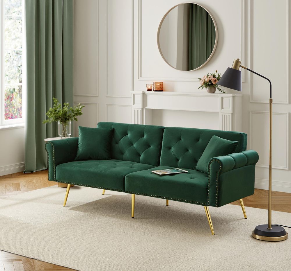 Merax 2-Sitzer Schlafsofa mit Schlaffunktion und Verstellbare Rückenlehne, Samtbezug & goldene Metallfüße – Inkl. Kissen & Stauraum, Grün