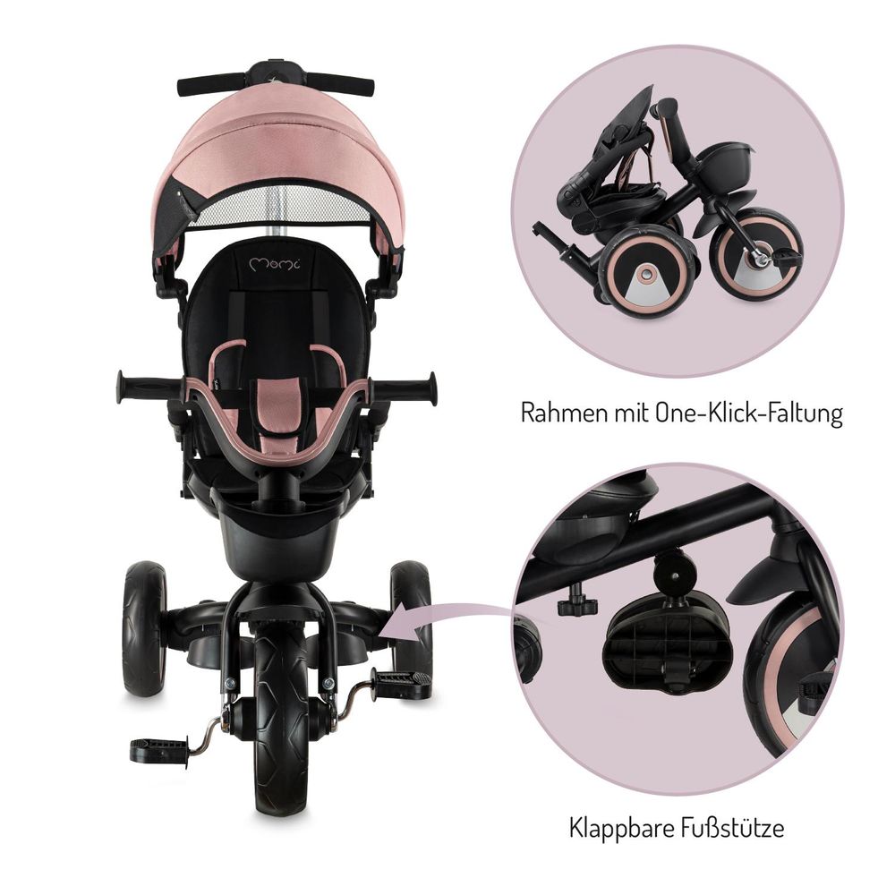 MoMi IVI Kinderdreirad 3-in-1 Rosa – 360° drehbarer Sitz, 3-Punkt-Gurt, höhenverstellbare Schiebestange, Sonnendach, PolyurethanRäder, Frontkorb – ab 9 Monaten