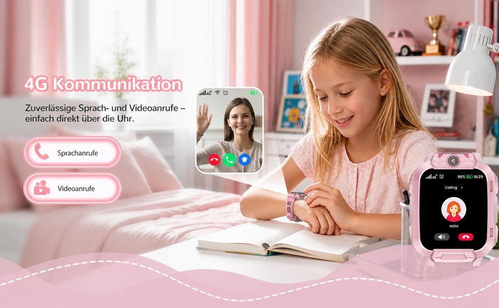 2026 4G Kinder Smartwatch mit GPS Telefon Video SOS für Jungen Mädchen Smartwatch 4-fache Ortung (GPS, WLAN, LBS, AGPS), Sicherheitszonen, Eltern App