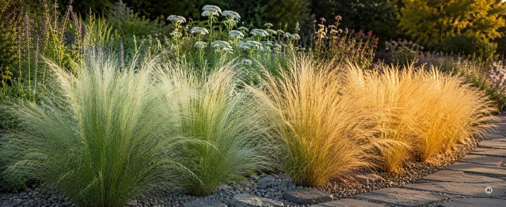 Farbverlauf: silbrig-grüner Sommeraspekt neben goldblondem Herbstaspekt