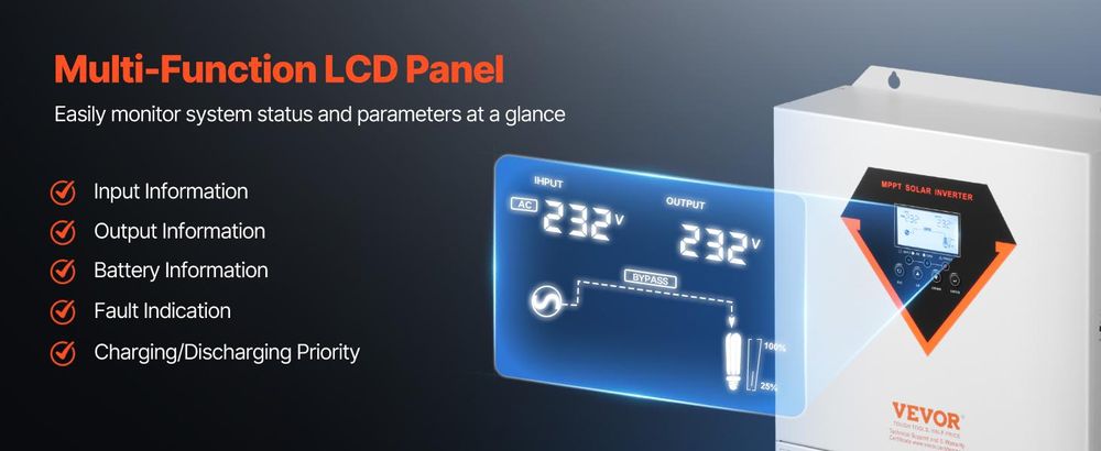 VEVOR Hybrid-Solarwechselrichter, 6000W, All-in-One reiner Sinuswellenwechselrichter-Ladegerät, 48V DC zu einphasigem 220/230V AC, mit 120A MPPT-Solarkontroller, für netzunabhängige Systeme mit Blei-Säure- und Lithiumbatterien, 3500W mit WiFi-Modul