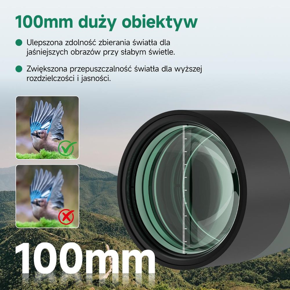 Svbony SV28A 25-75x100 mm Luneta obserwacyjna, Luneta celownicza, duże pole widzenia, pryzmat Porro H-K9L FMC, z adapterem do telefonu komórkowego