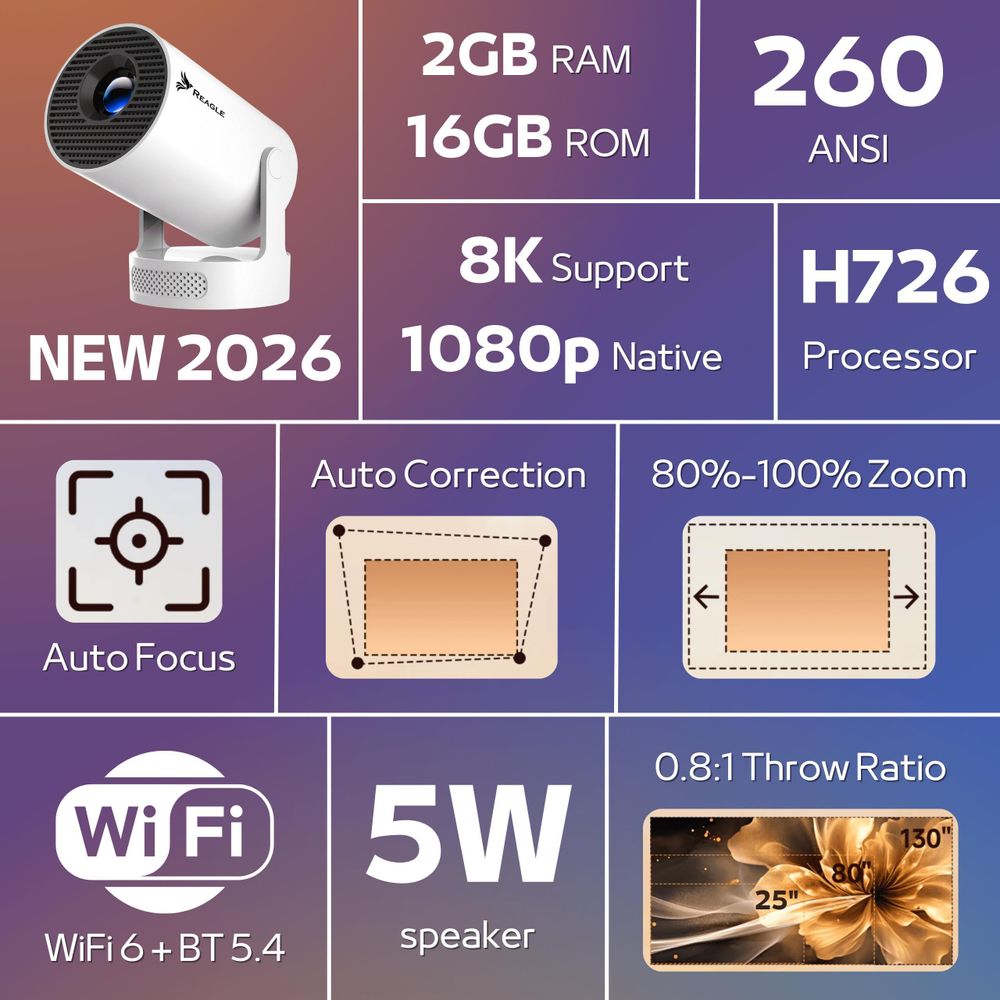 Mini-Projektor Led-Projektor Android 14 Tragbarer 4K Smart Tv Wifi 180° Drehung Eingebauter Lautsprecher Unmodell 2026 Reagle