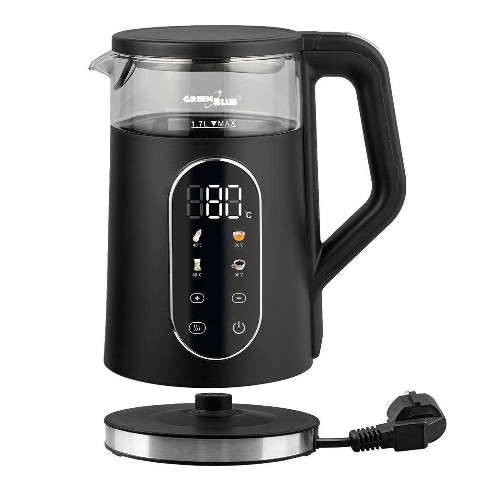 GreenBlue kabelloser Wasserkocher 1,7 l Fassungsvermögen Glasbehälter gut ablesbares Display Temperaturwahl 2200 W GB670 B