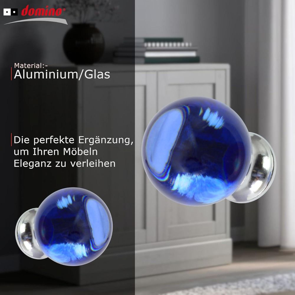 Domino Elegante Crystal D Möbelknopf 30mm in Chrom & Blau |Kristallknöpfe, Robustes Glas-Design |Möbelknöpfe | Glamouröser Stil | Perfekt für Schränke und Kommoden| 4 Stück