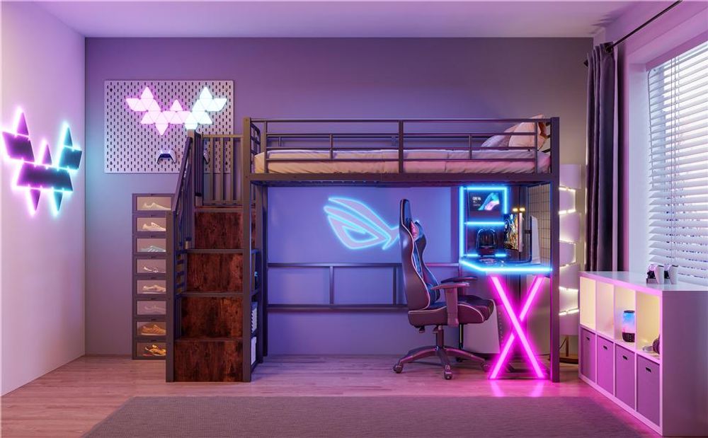 Merax Etagenbett Hochbett 90x200 cm, mit LED, Schreibtisch, Kleiderschrank, Ablageleiter, Regale, Metall Stockbett, Kinderbett, Schwarz