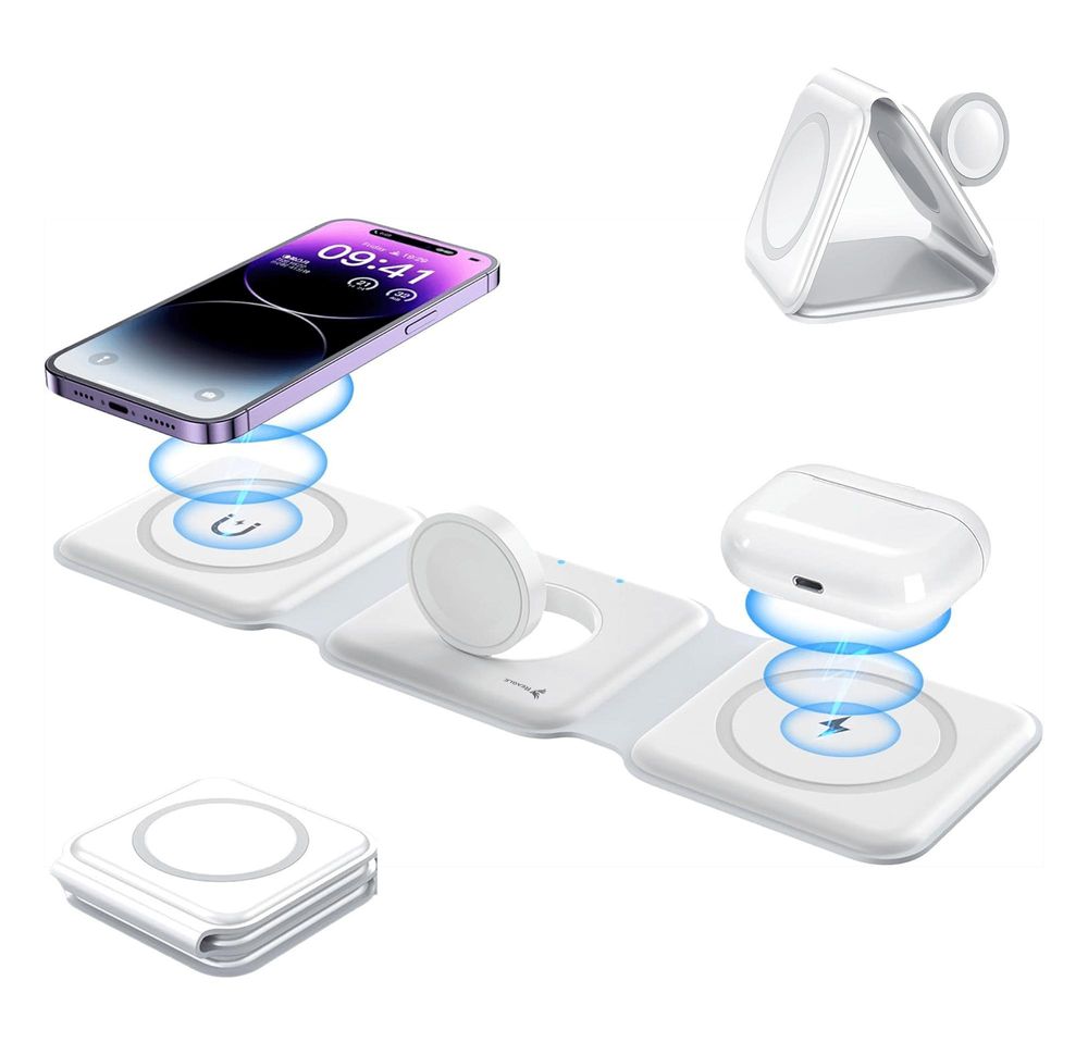 3-In-1 Wireless Ladestation Kabellose Faltbar Induktives Ladegerät Magsafe Qi 15W Kompatibel Mit Apple Iphone 16, 15 Airpods  Smartwatch, Ladeständer Reagle