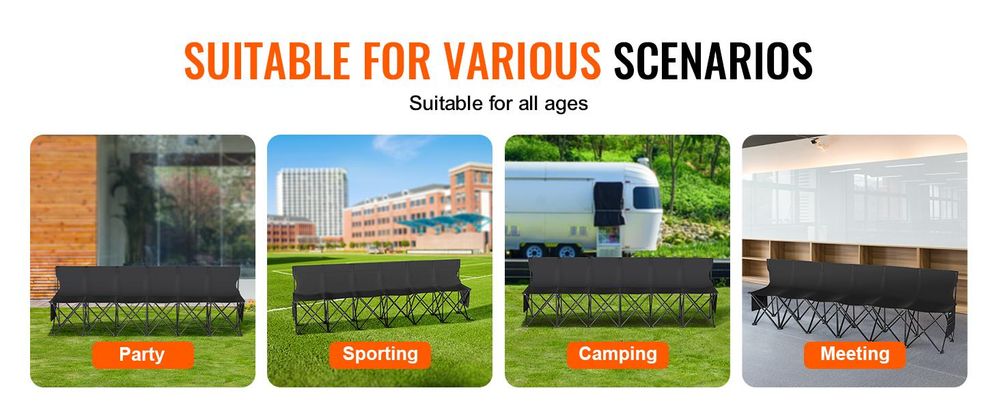 VEVOR Tragbare Klappbank, 6-Sitzer faltbare Seitenbank, Outdoor-Campingbankstuhl mit Tragetasche und Rückenlehne, Mannschaftssport-Seitenbank für Fußballangeln, kein Zusammenbau nötig, sofortige Sitzgelegenheit, schwarz